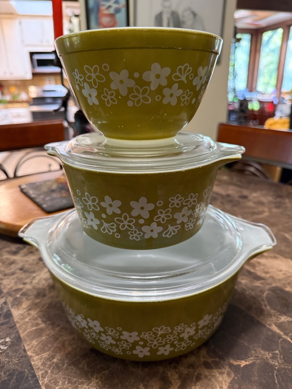 Vintage (set of 3) Pyrex “Crazy Daisy”
Olive Green Floral Bakeware